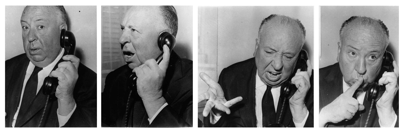 Alfred Hitchcock conversando por teléfono en cuatro fotografías