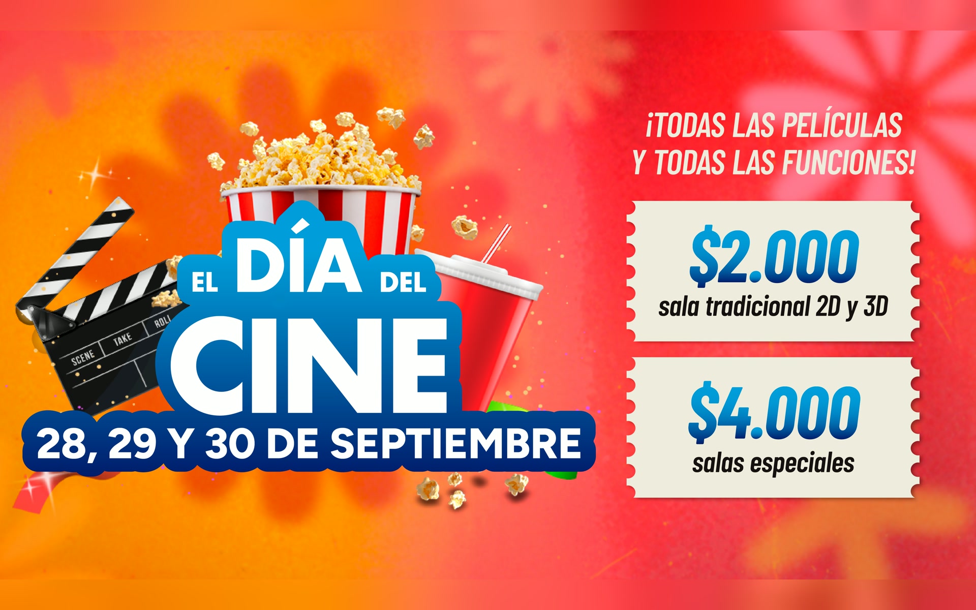 Banner del Día del Cine 2026: del 28 al 30 de septiembre, entradas a $2.000 y $4.000.