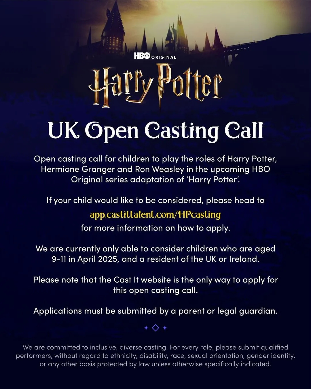 Comunicado oficial de casting para la nueva serie de Harry Potter